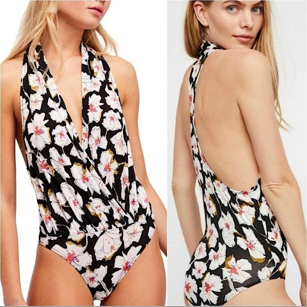 Free People Sure Please Boho Soft Stretchy Floral Bodysuit Sz L NEW